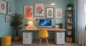 Escritório pequeno com cores vibrantes