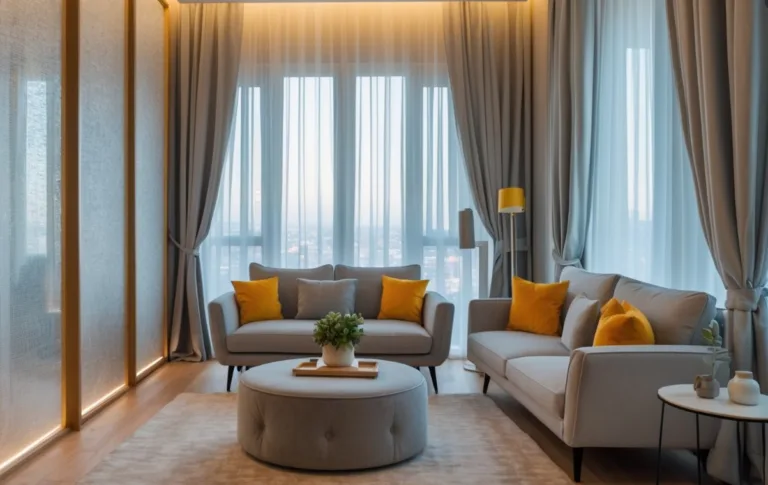 sala de estar pequena sofisticada com cortinas de camadas