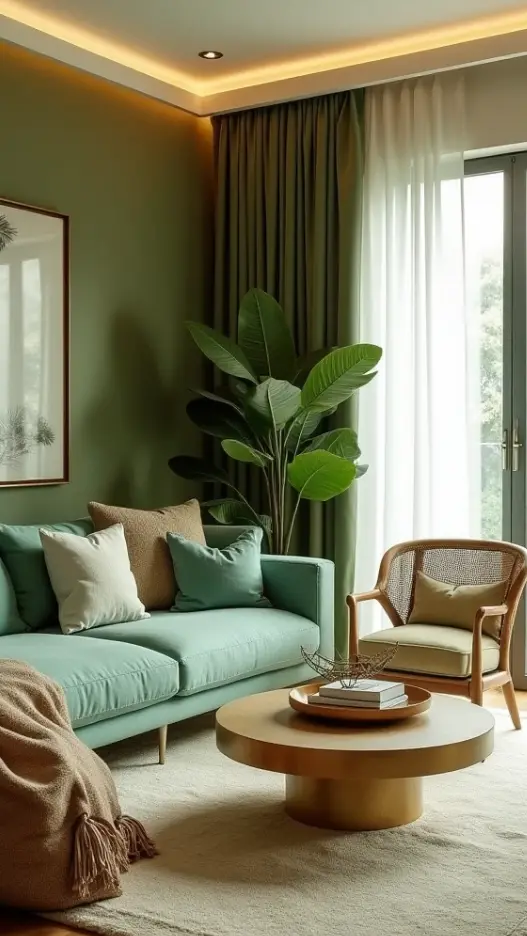 Sala Verde oliva ou sálvia, que trazem frescor e estilo