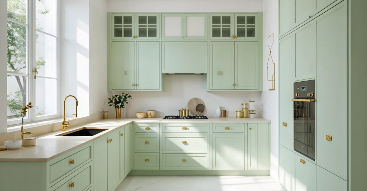 Cozinhas coloridas verde-menta com branco