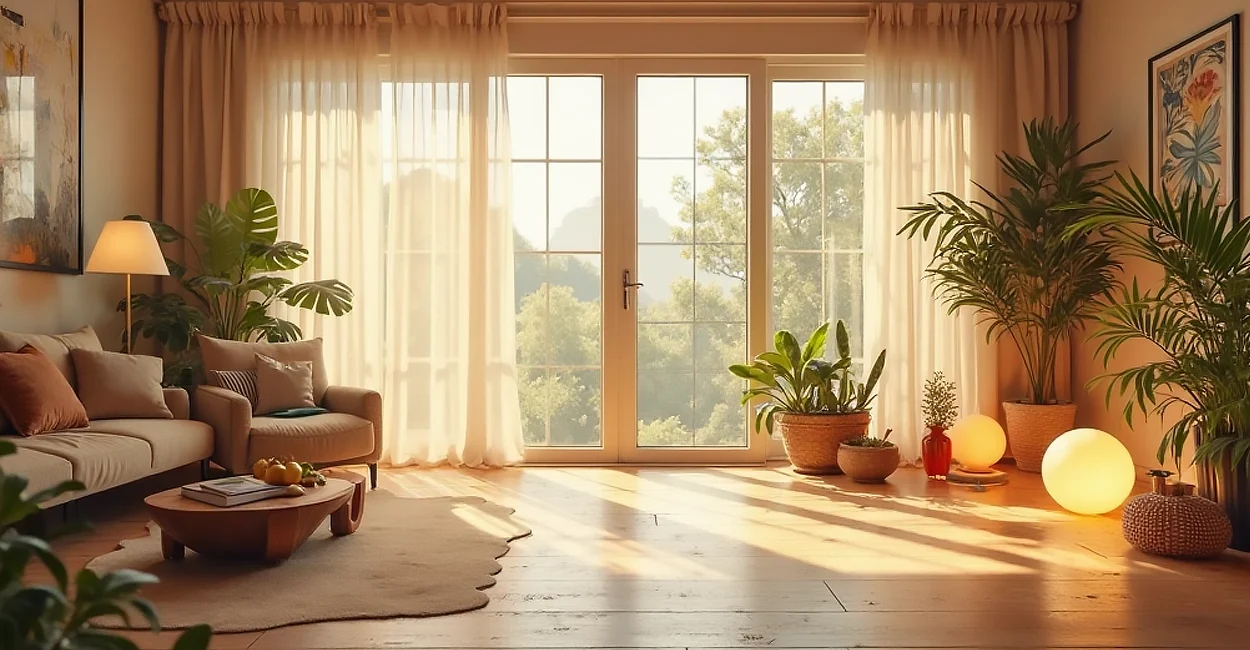 Ambiente interno com janelas grandes, cortinas leves e luz natural abundante.
