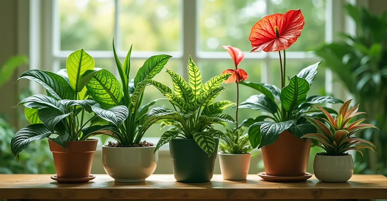 Composição de plantas pequenas (Peperômia, Maranta e Antúrio)