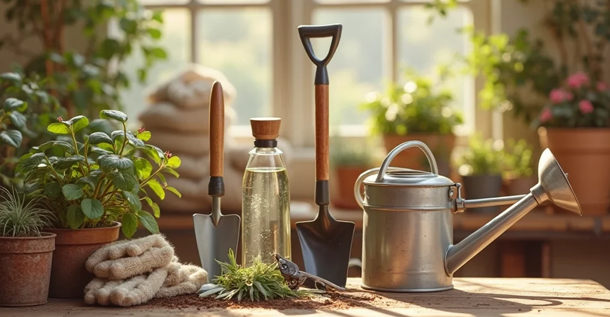 Ferramentas de jardinagem básicas (pazinha, tesoura de poda, borrifador, luvas e regador)