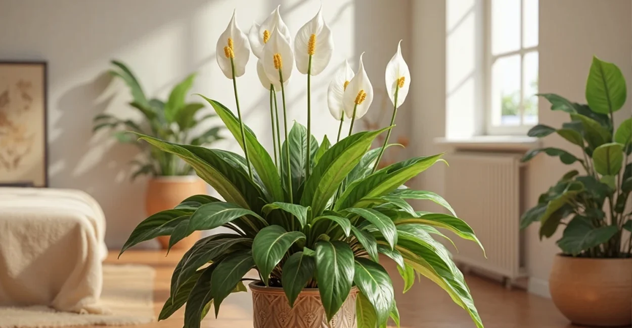 Lírio-da-paz em vaso, com folhas verdes brilhantes e flores brancas, posicionado em uma sala iluminada com luz indireta.