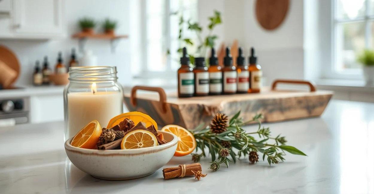 Um balcão de cozinha tranquilo e bem iluminado apresentando um arranjo de opções de fragrâncias naturais para o lar