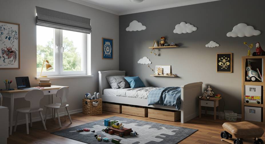 quarto infantil mágico com cantos que refletem os interesses da criança